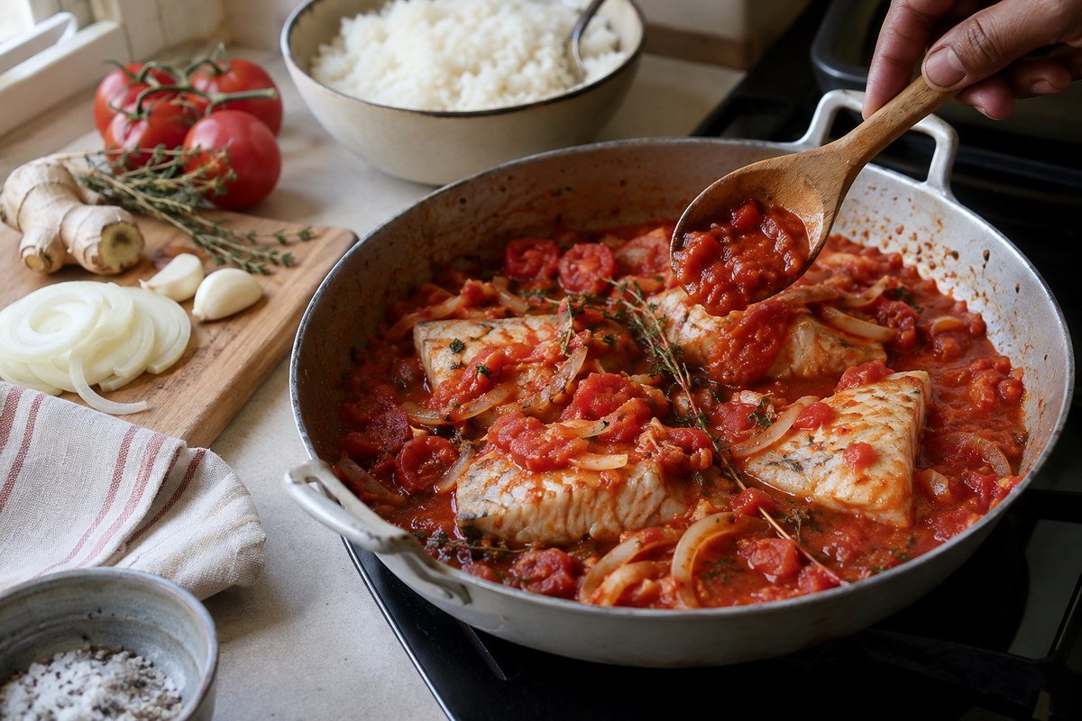 Tomato rougaille sauce being spooned over fish in a pan with rice and aromatics nearby.