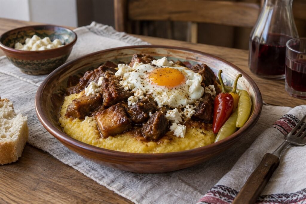 Moldovan mămăligă served with a rustic pork tochitură stew, fried egg, and crumbled brined cheese.