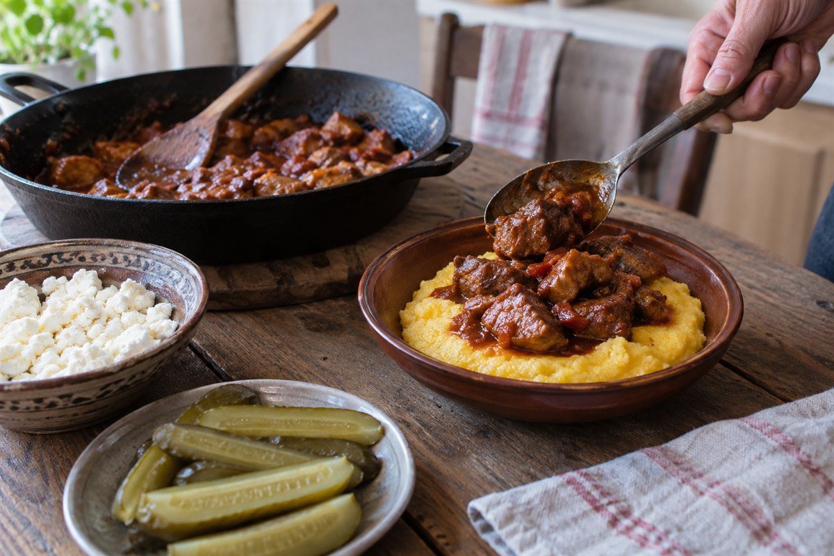 A spoon serving pork tochitură over soft Moldovan cornmeal porridge beside brined cheese and pickles.