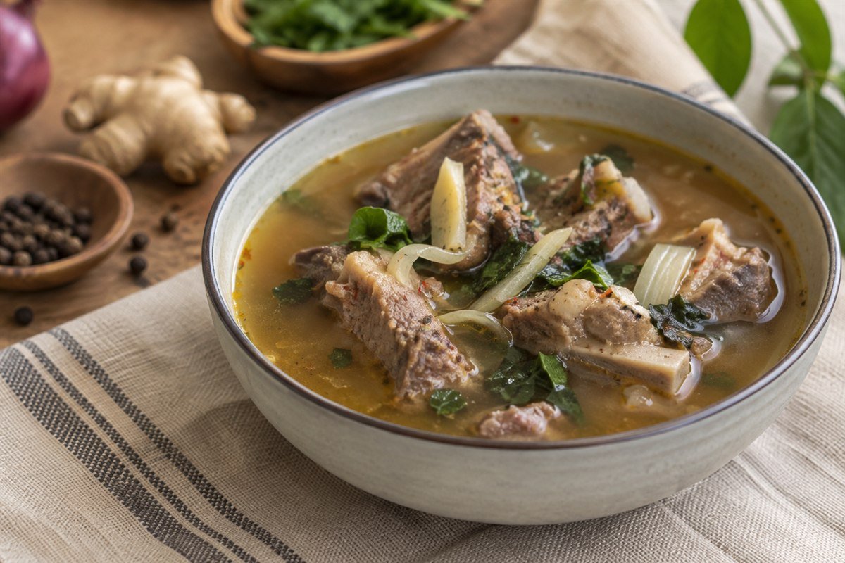 A bowl of Nigerian goat pepper soup with tender meat and fresh herbs.