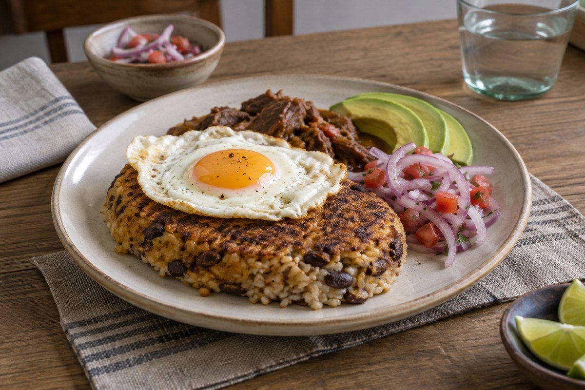 Peruvian tacu tacu with crisp rice and beans, steak, fried egg, avocado, and salsa criolla.