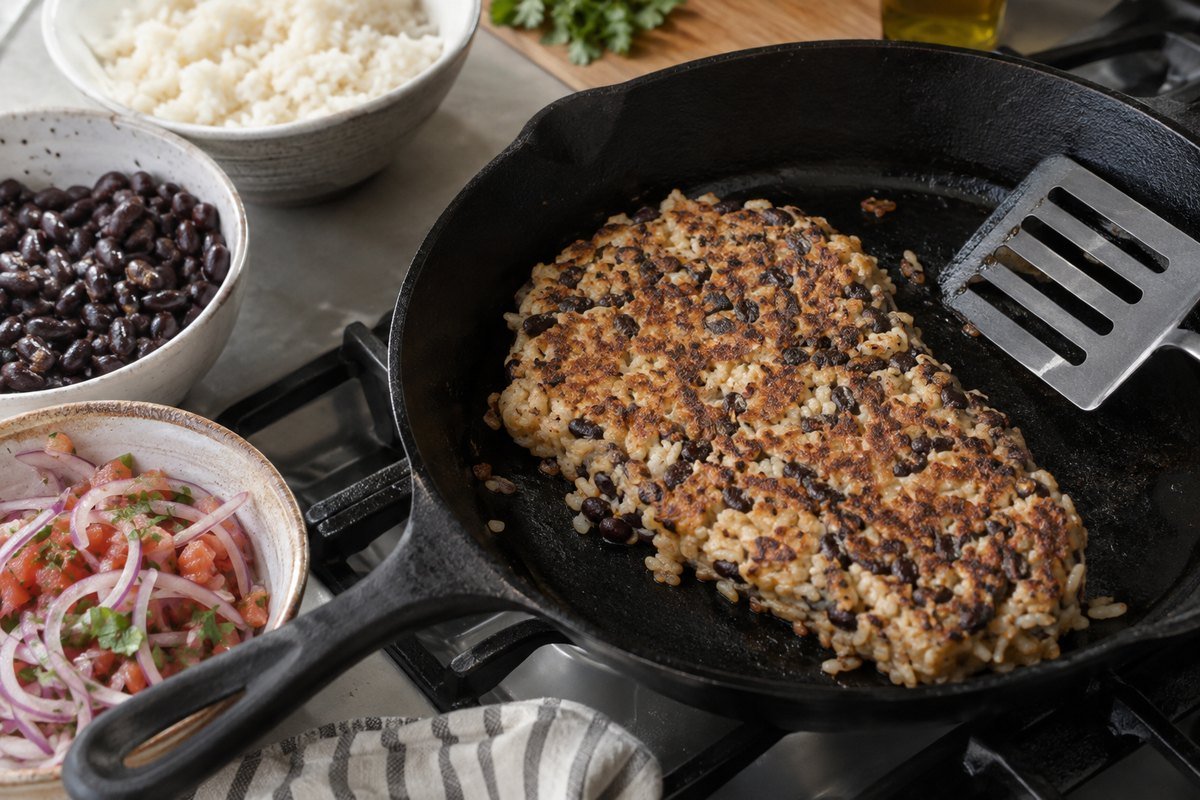Peruvian tacu tacu browning in a cast-iron skillet beside rice, beans, and salsa criolla.