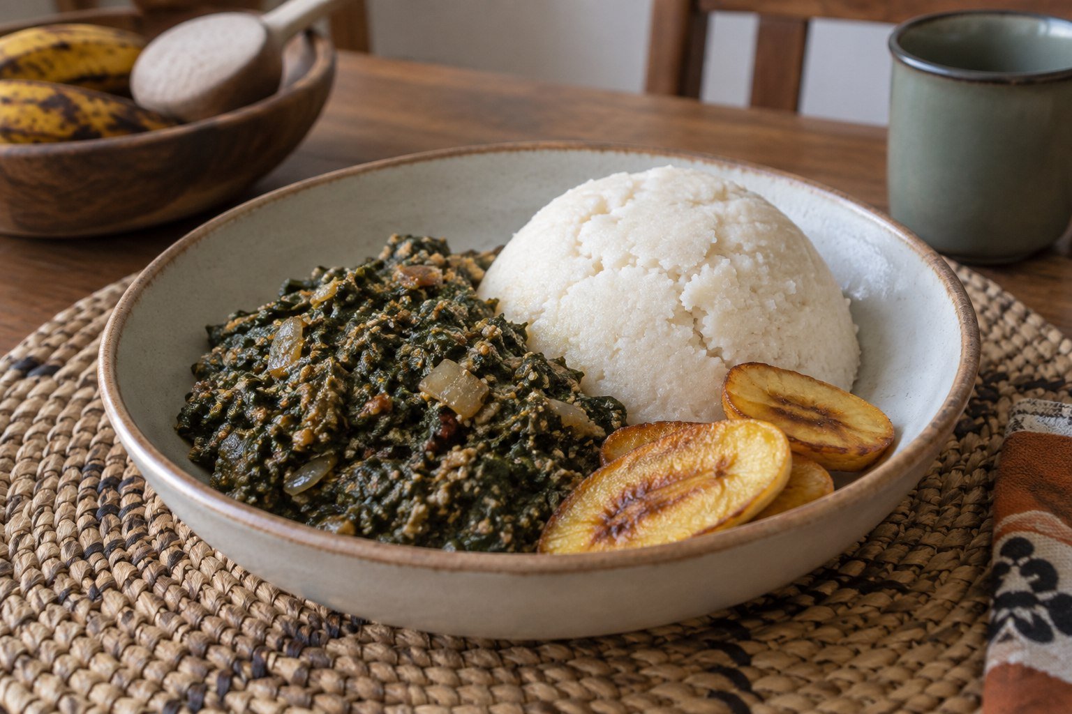 Rwandan isombe cassava leaf stew with ugali and plantains.