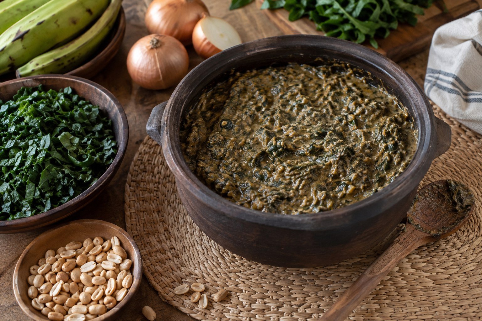 Rwandan isombe cassava leaf stew in a rustic pot with peanuts and plantains.
