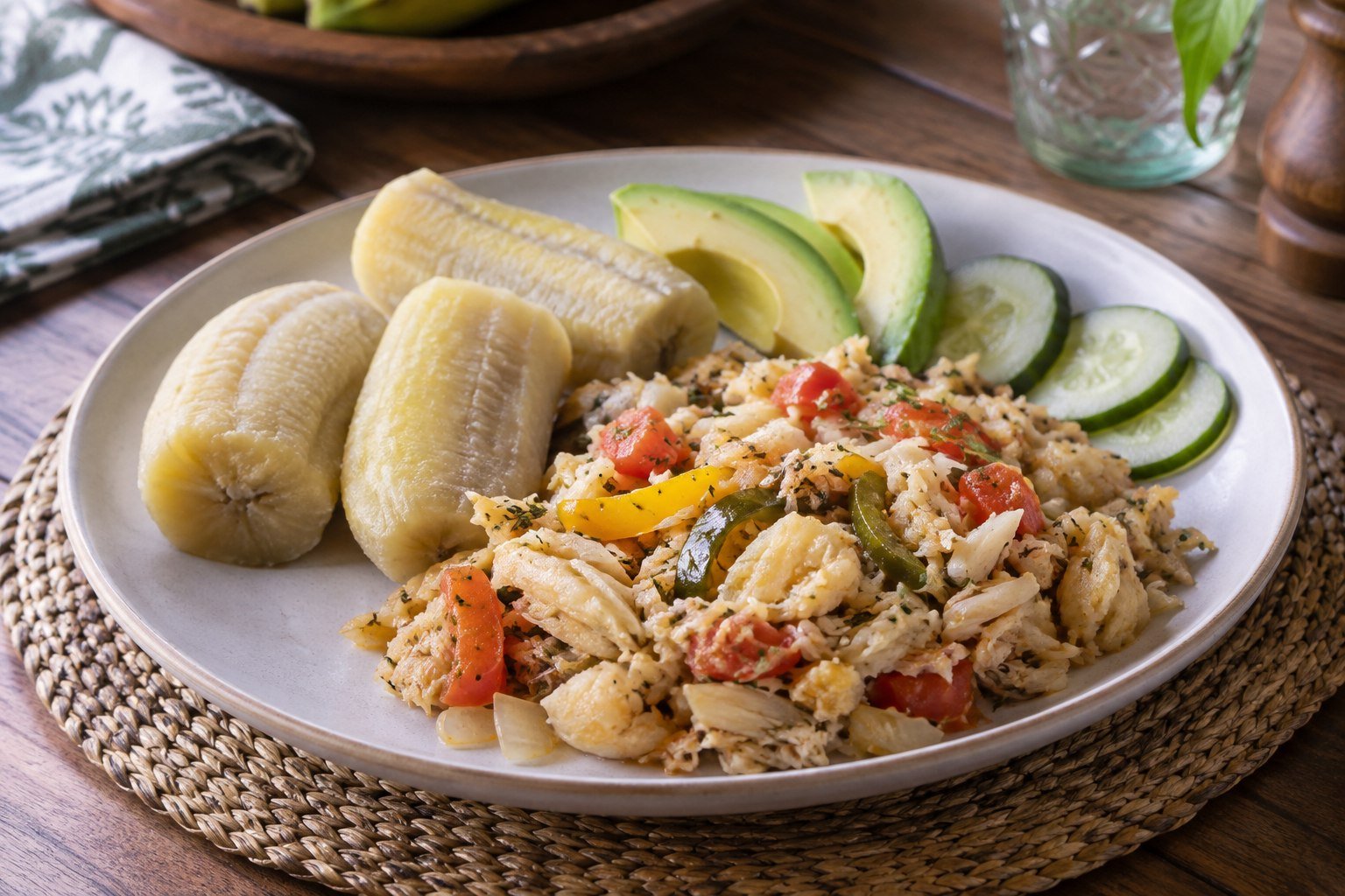 Saint Lucian green fig and saltfish with green bananas, peppers, avocado, and cucumber.