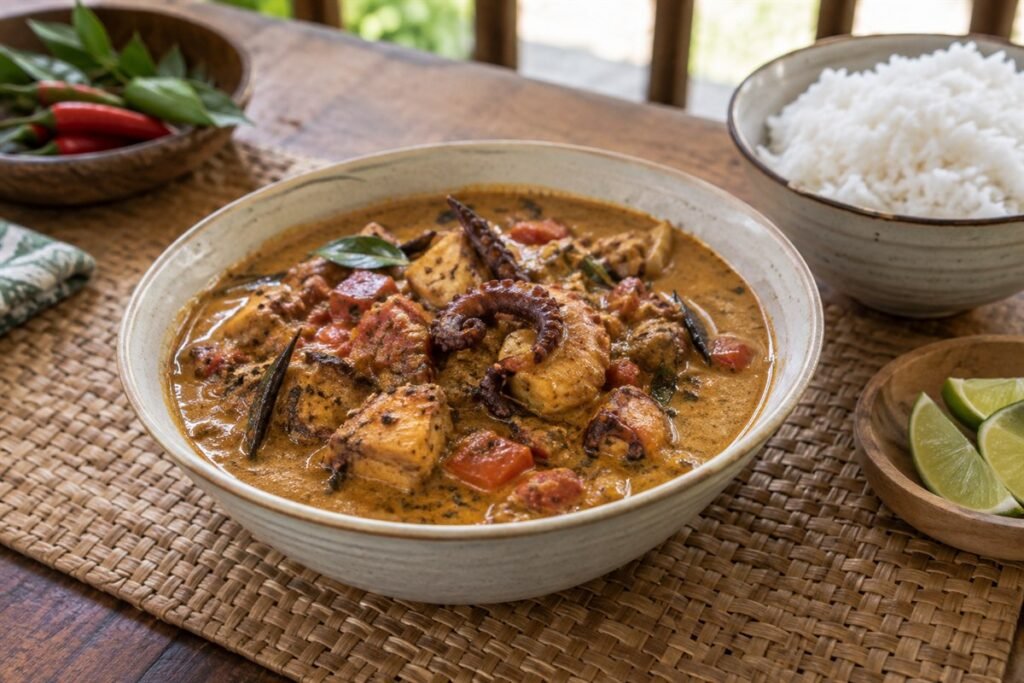 Seychellois octopus curry with tender octopus, coconut sauce, tomato, curry leaves, and rice.