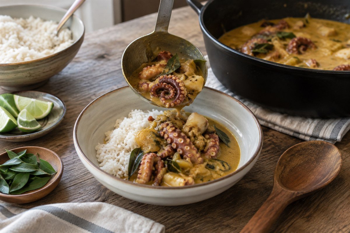 Tender octopus pieces being spooned from Seychellois coconut curry beside rice and lime.