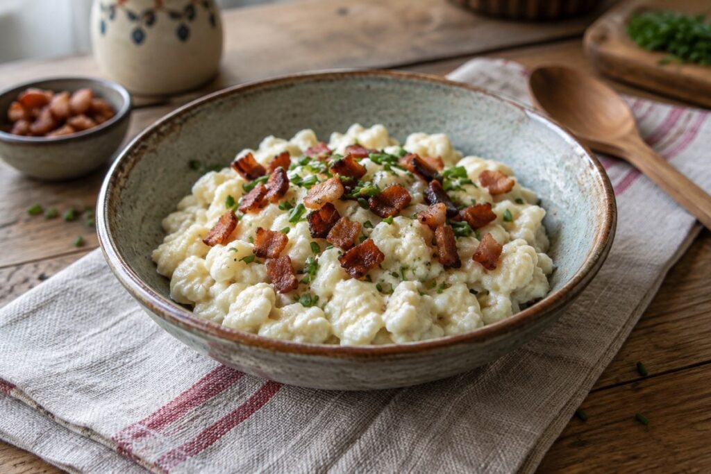 Slovak bryndzové halušky potato dumplings with sheep cheese and crisp bacon.