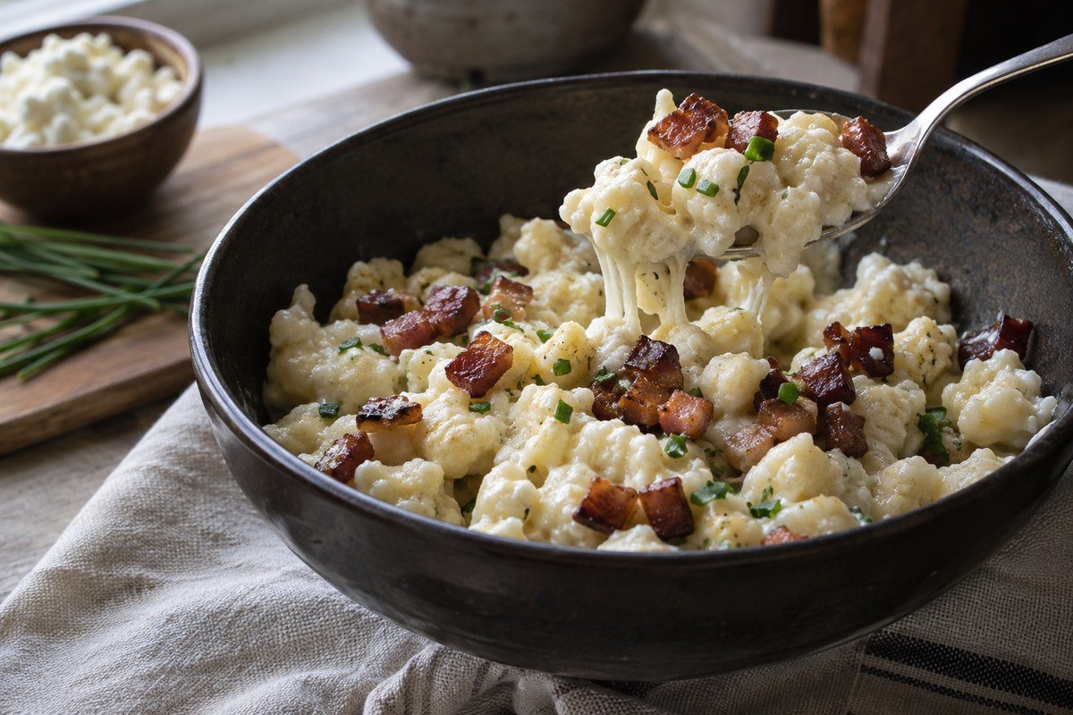 Slovak potato dumplings being spooned into a bowl with bryndza and bacon.