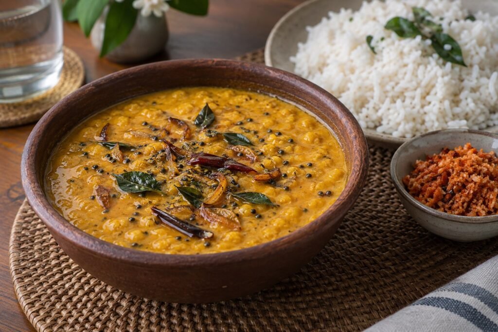 Sri Lankan dhal curry with coconut milk, curry leaves, mustard seeds, and rice.
