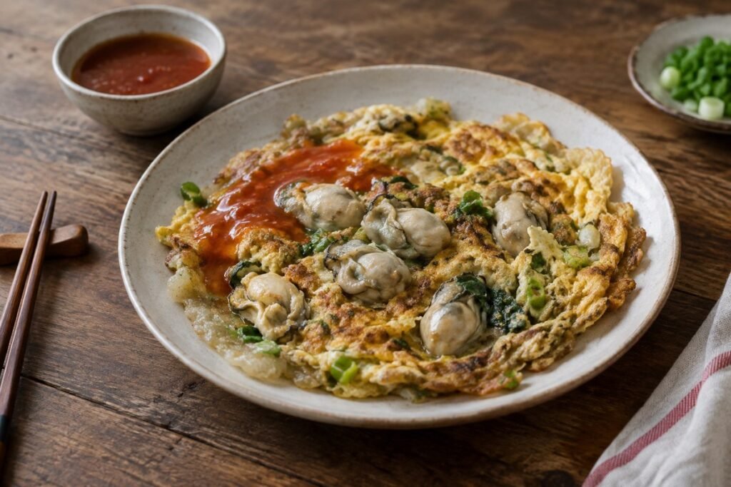 Taiwanese oyster omelette with softly set egg, oysters, scallions, and sweet chili sauce.