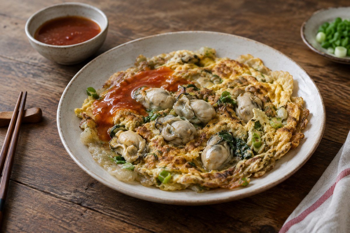 Taiwanese oyster omelette with softly set egg, oysters, scallions, and sweet chili sauce.
