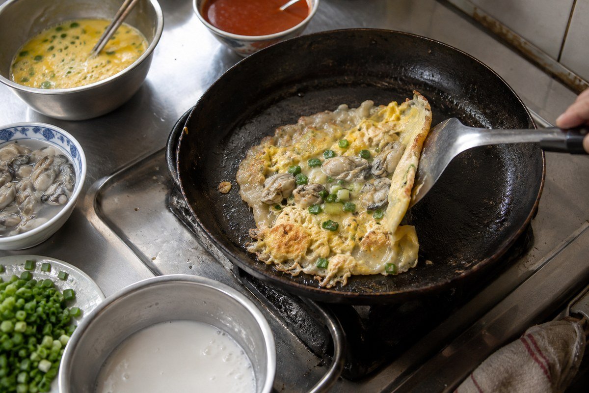 Taiwanese oyster omelette cooking in a skillet with oysters, egg, scallions, and starch slurry.