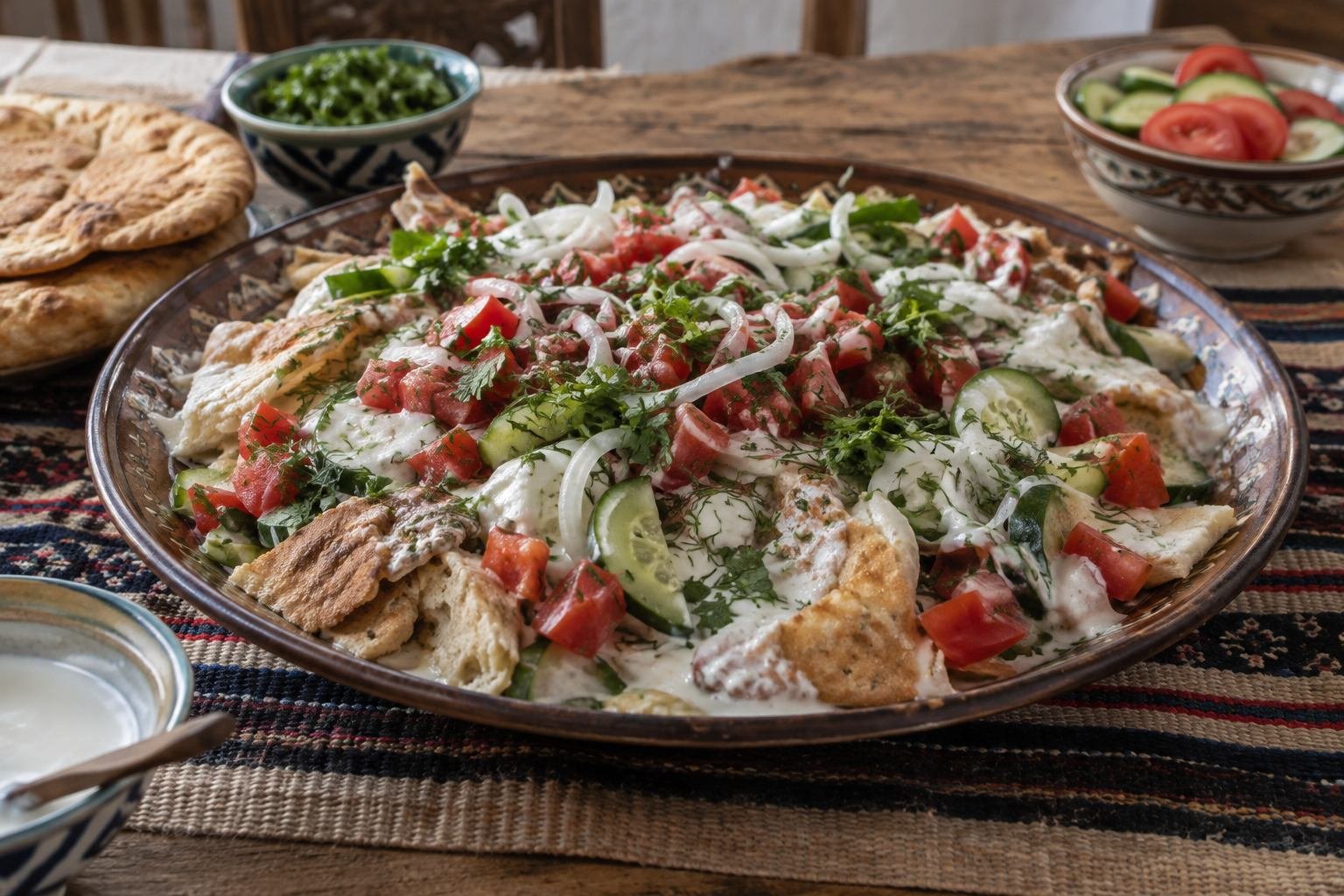 Tajik qurutob with torn flatbread, yogurt sauce, tomatoes, cucumber, onion, and herbs.