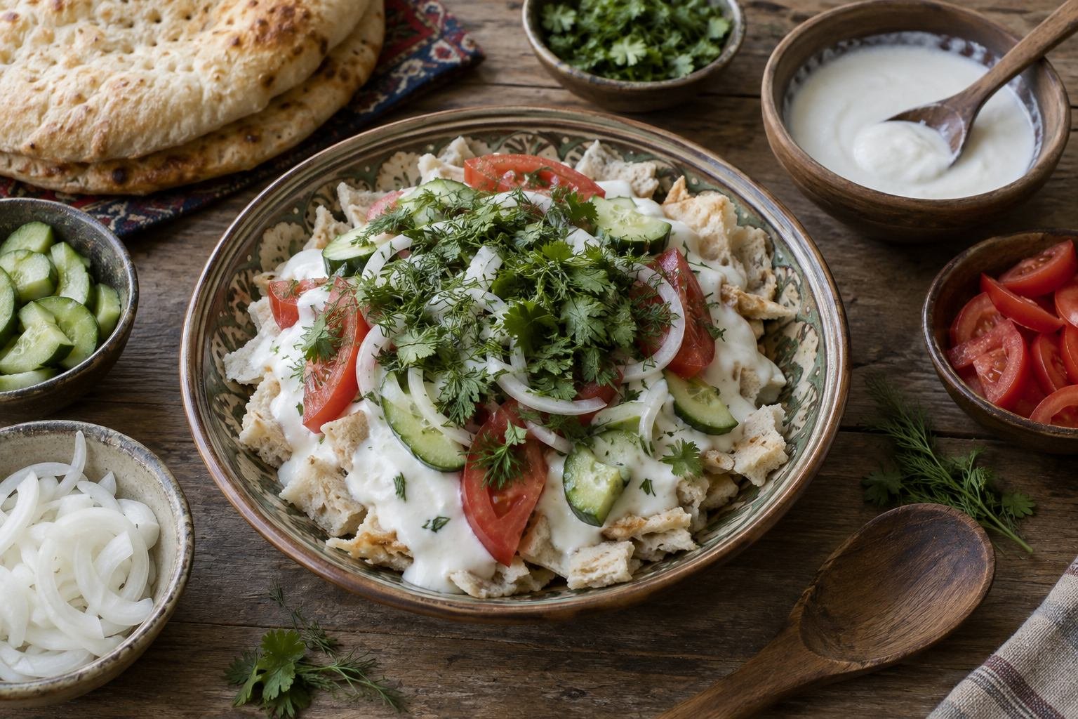 Tajik qurutob being assembled with torn flatbread, yogurt, vegetables, and herbs.