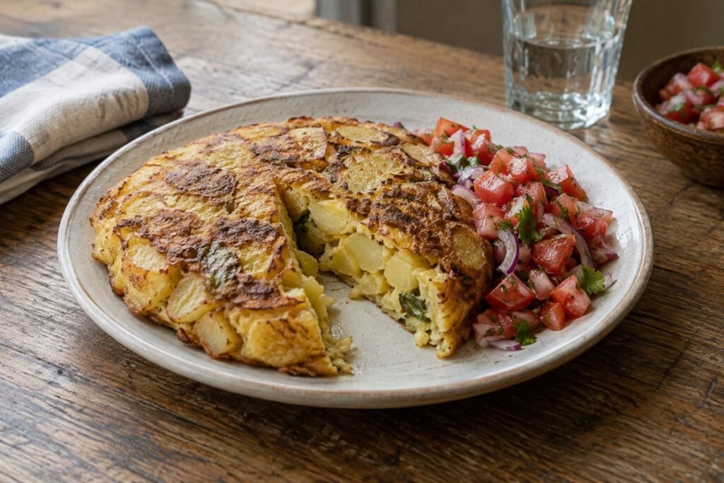 Tanzanian chipsi mayai, a thick potato and egg omelet, served with tomato salad.
