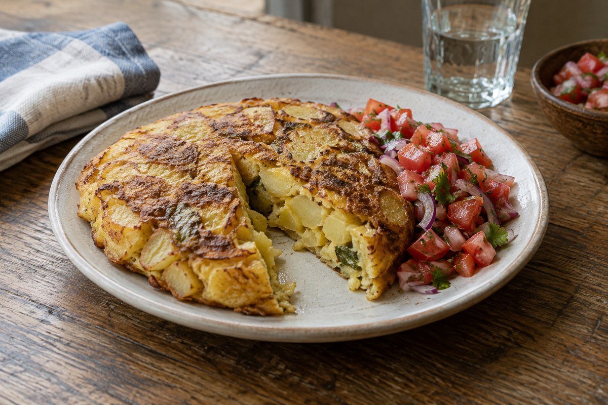 Tanzanian chipsi mayai, a thick potato and egg omelet, served with tomato salad.