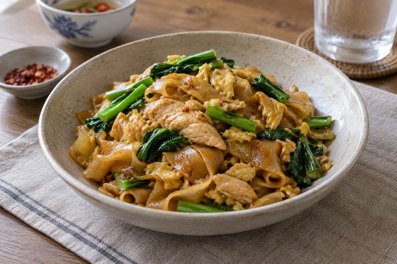 Thai pad see ew with wide rice noodles, chicken, Chinese broccoli, egg, and chili flakes in a ceramic bowl.