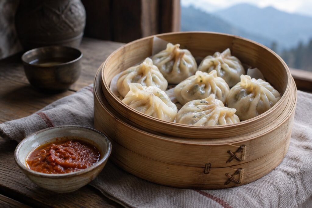 Tibetan chicken momos in a bamboo steamer with chili dipping sauce.
