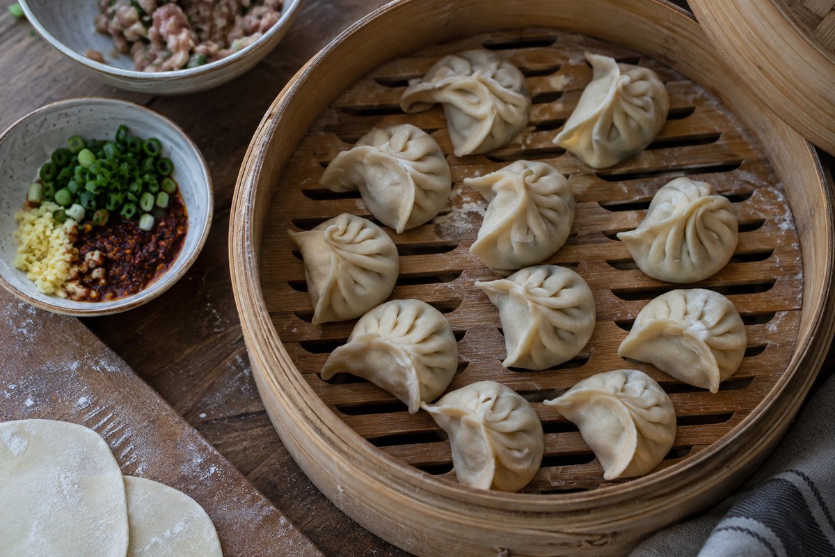 Tibetan chicken momos being arranged in a bamboo steamer with cabbage, scallions, ginger, and chili sauce.