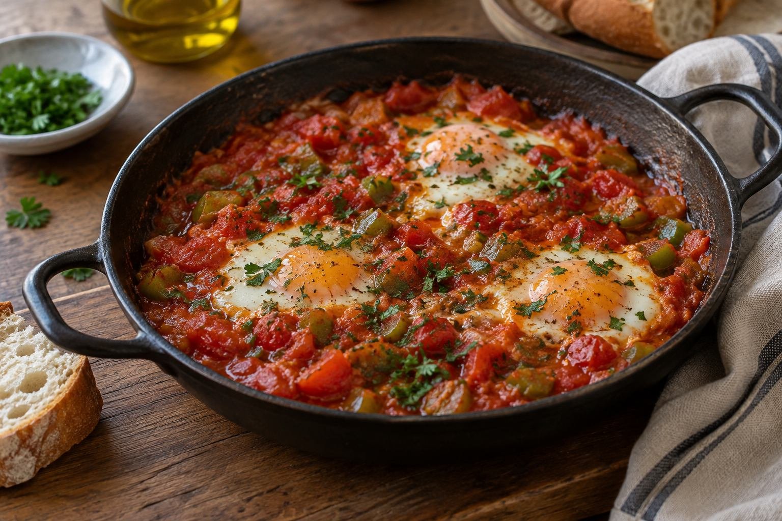 Turkish menemen with softly set eggs, tomatoes, and green peppers in a skillet.