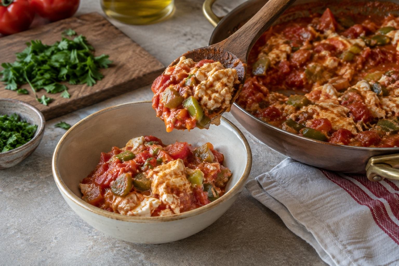 Turkish menemen being spooned into a ceramic bowl from a skillet.