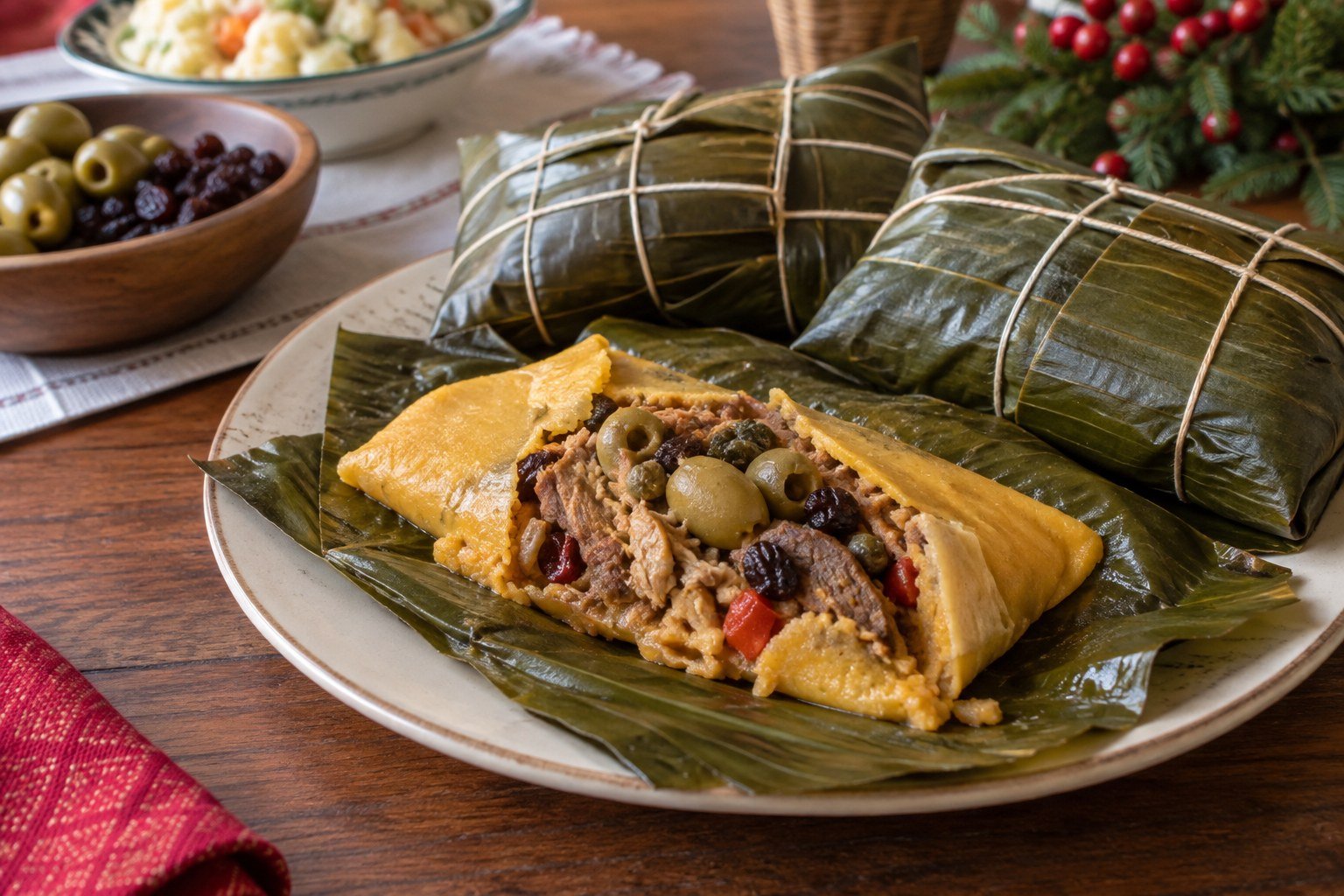 Venezuelan hallacas with corn dough, braised meat, olives, raisins, and banana leaves.