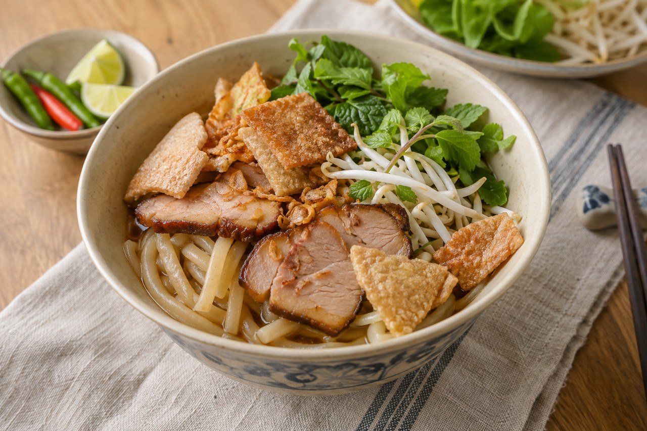 Vietnamese Cao Lau with thick noodles, roast pork, herbs, bean sprouts, and crisp rice crackers.