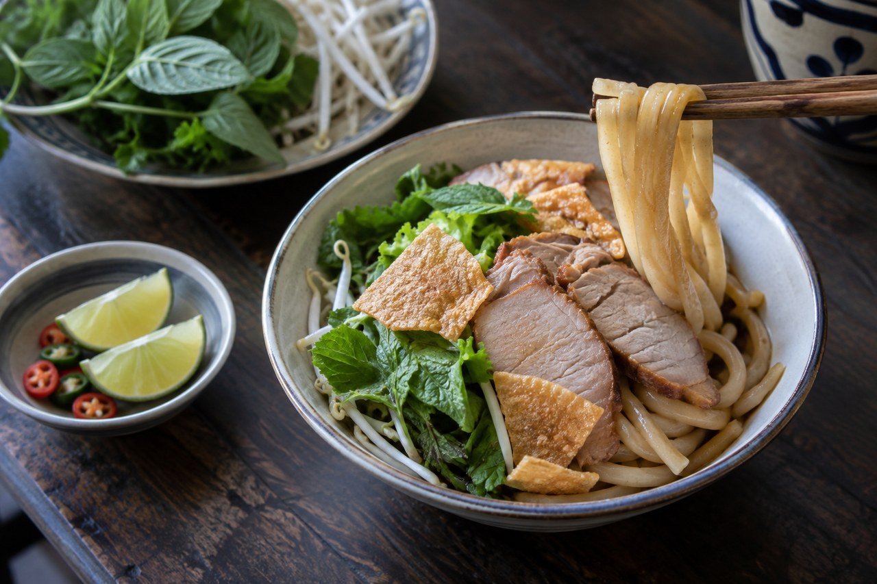 Thick Cao Lau noodles lifted with chopsticks beside roast pork, herbs, bean sprouts, and rice crackers.