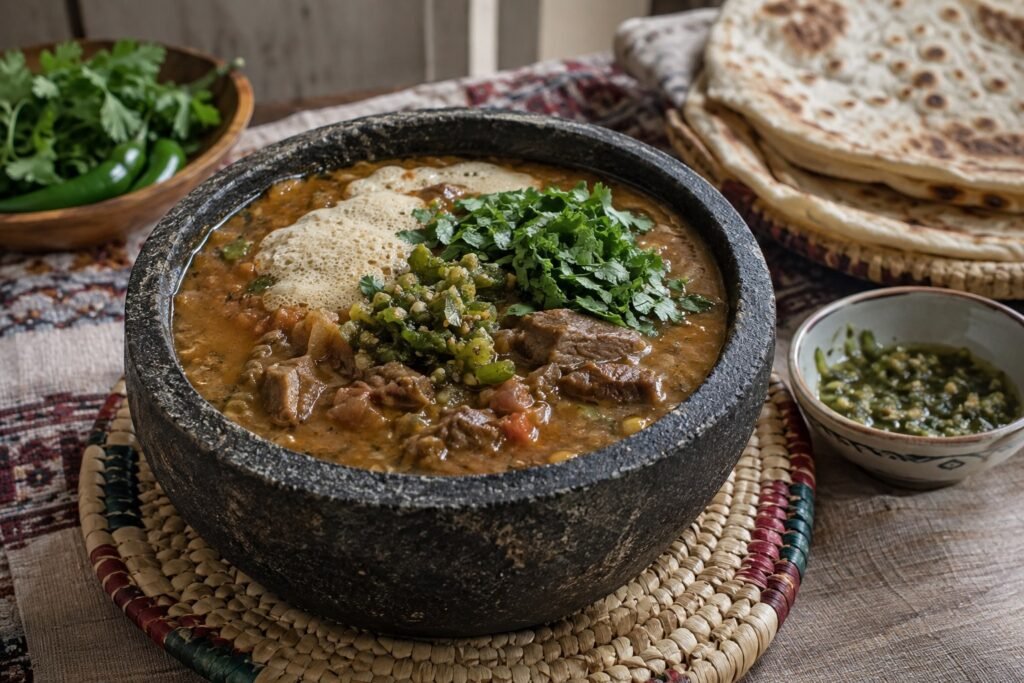 Yemeni saltah with lamb, vegetables, fenugreek, herbs, green zhug, and flatbread.