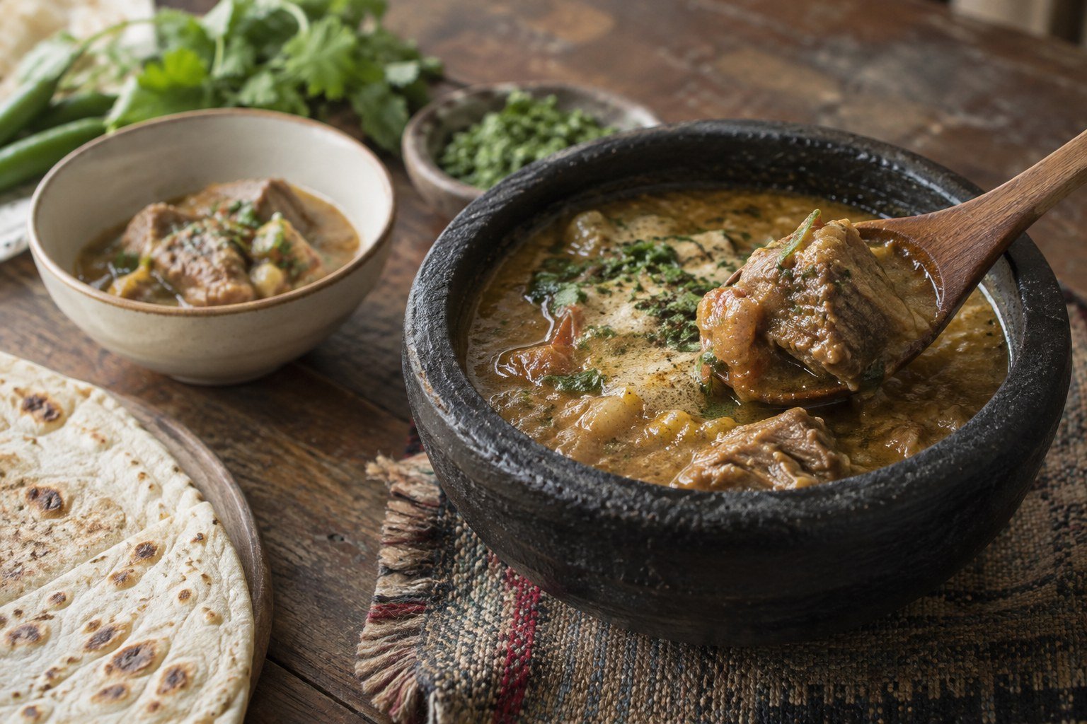 A spoon serving Yemeni saltah with tender lamb, vegetables, fenugreek, and green zhug.