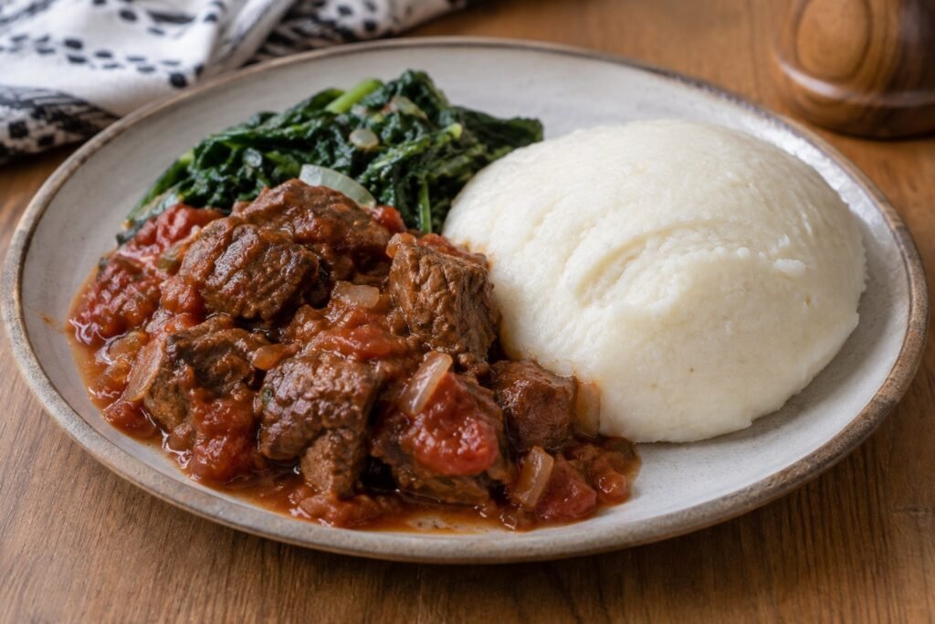 Zambian nshima with beef and tomato stew and leafy greens.