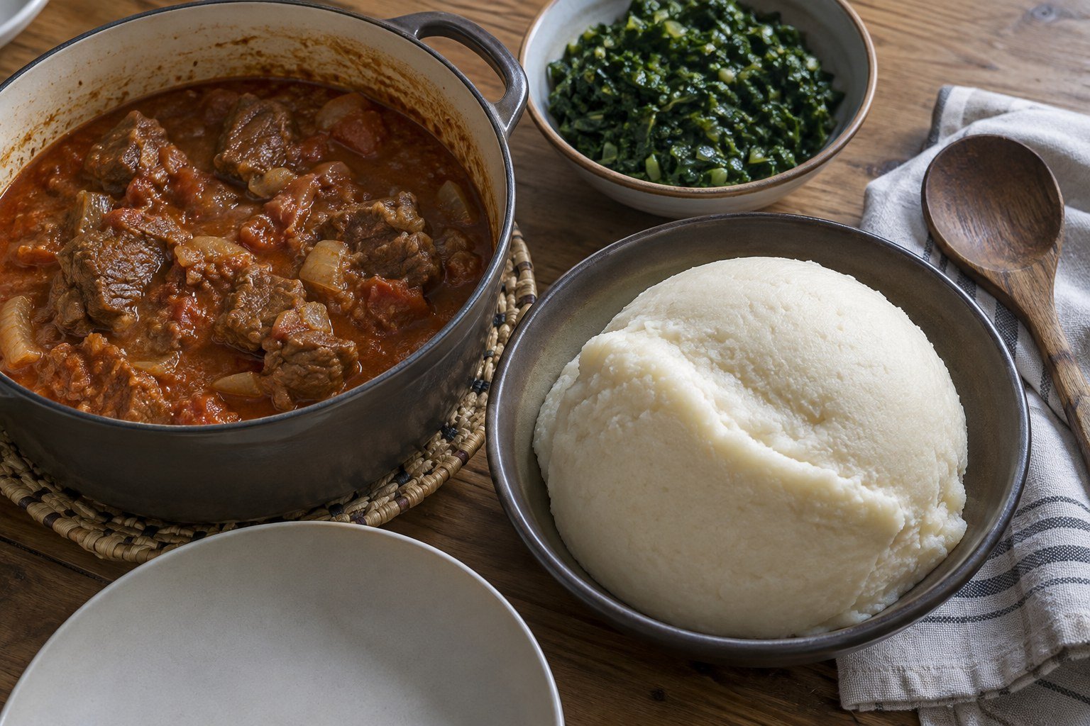 Zambian nshima, beef stew, and greens arranged for serving.