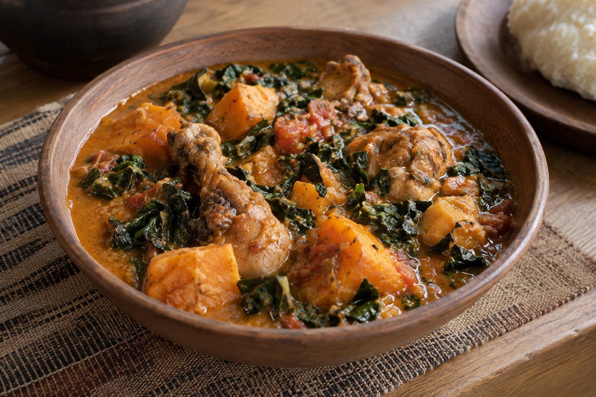 Zimbabwean chicken dovi with a smooth peanut sauce and sweet potatoes.