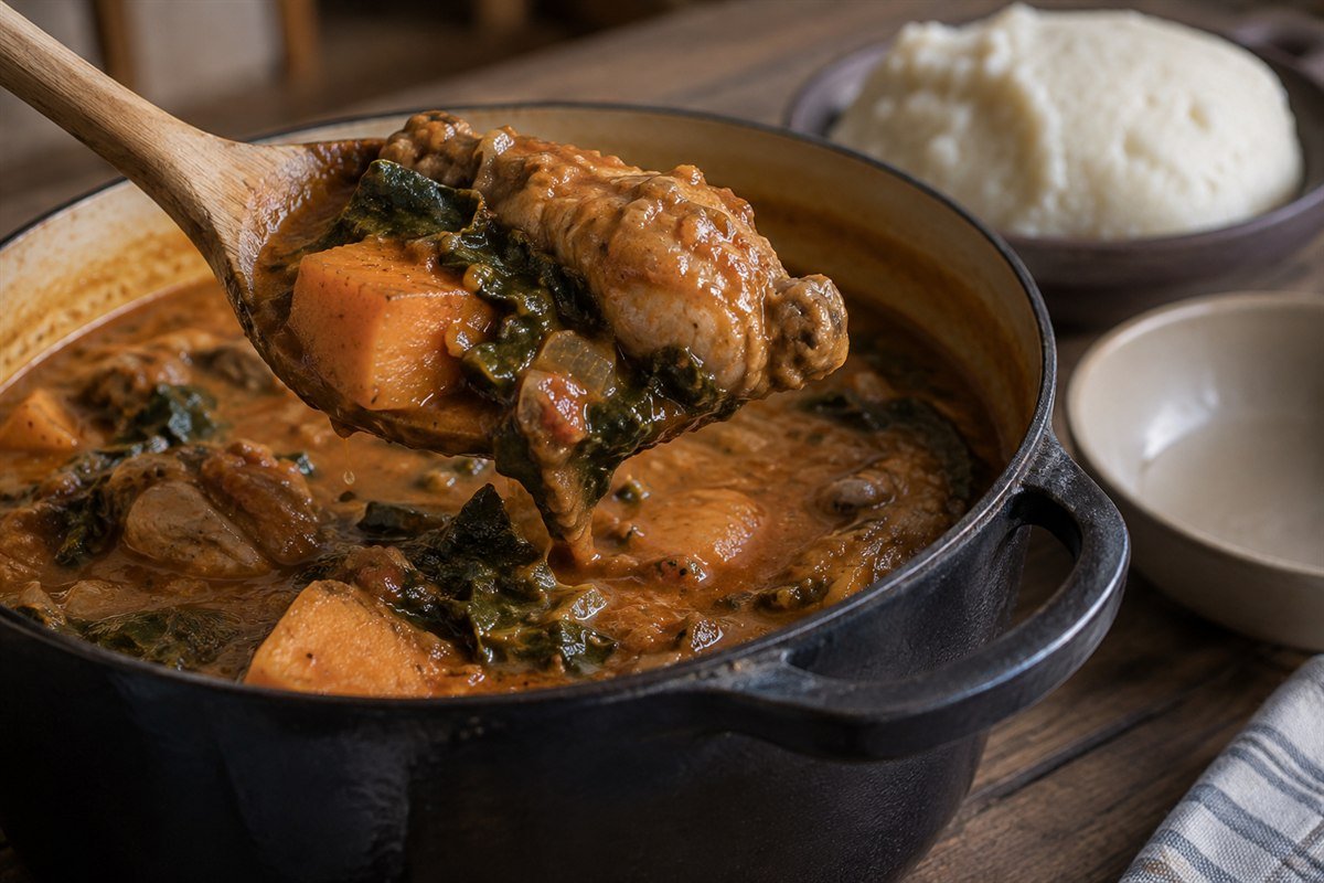 A spoon serving tender chicken and peanut sauce from a Zimbabwean dovi pot.