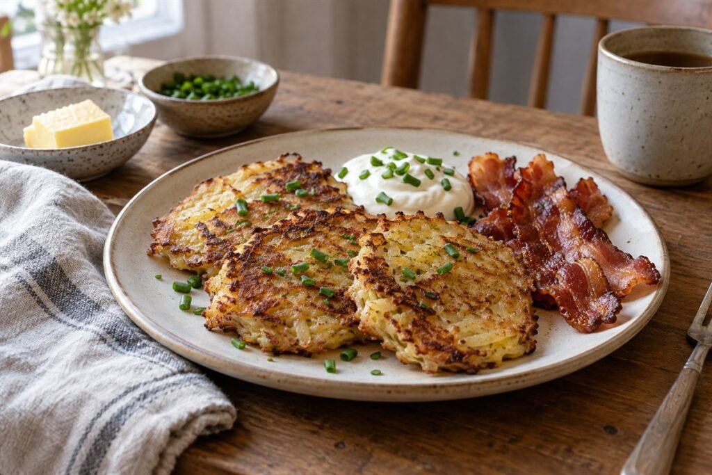 Irish boxty potato pancakes with bacon, sour cream, and chives.
