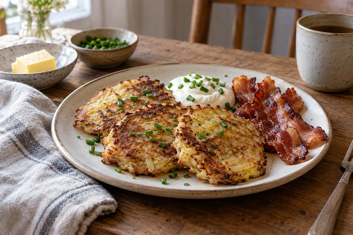 Irish boxty potato pancakes with bacon, sour cream, and chives.