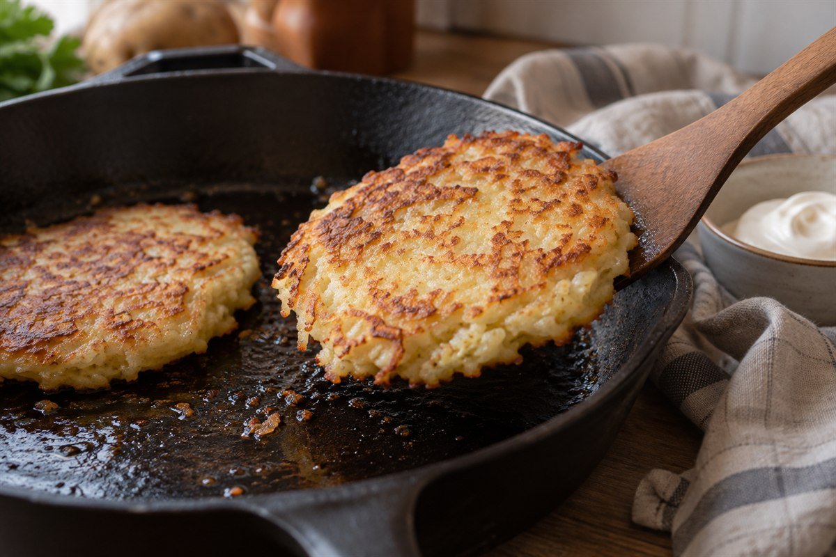 An Irish boxty potato pancake being lifted from a cast-iron skillet.