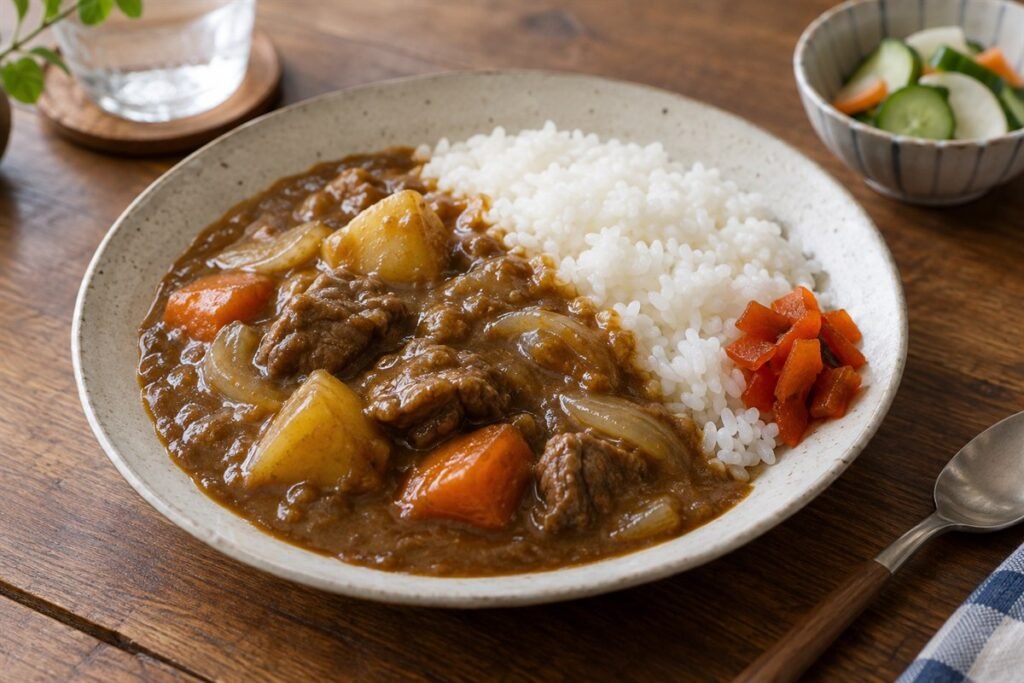 Japanese beef curry with potatoes, carrots, onions, and steamed rice.