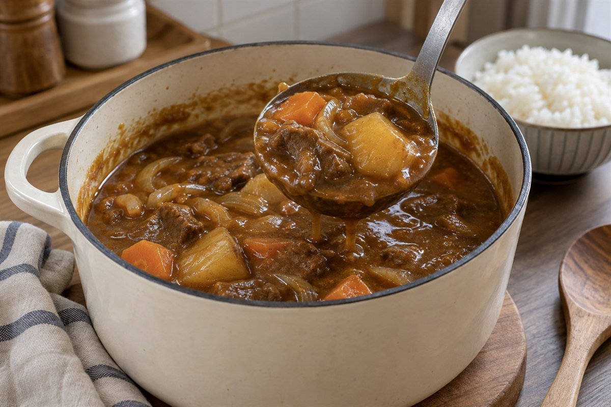 A ladle serving Japanese beef curry from an enamel pot.