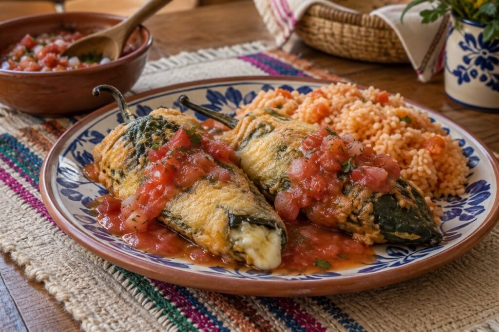 Mexican chiles rellenos with melted cheese, tomato salsa, and rice.