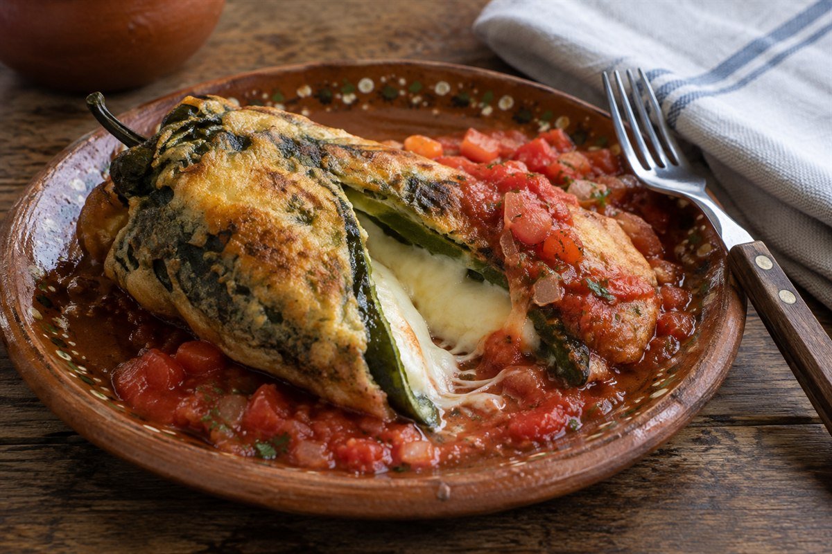 A chile relleno cut open to show the melted cheese filling.