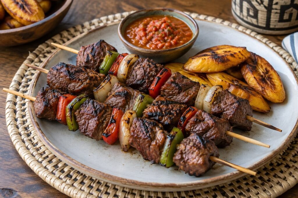 Rwandan beef brochettes with grilled peppers, onions, plantain, and tomato sauce.