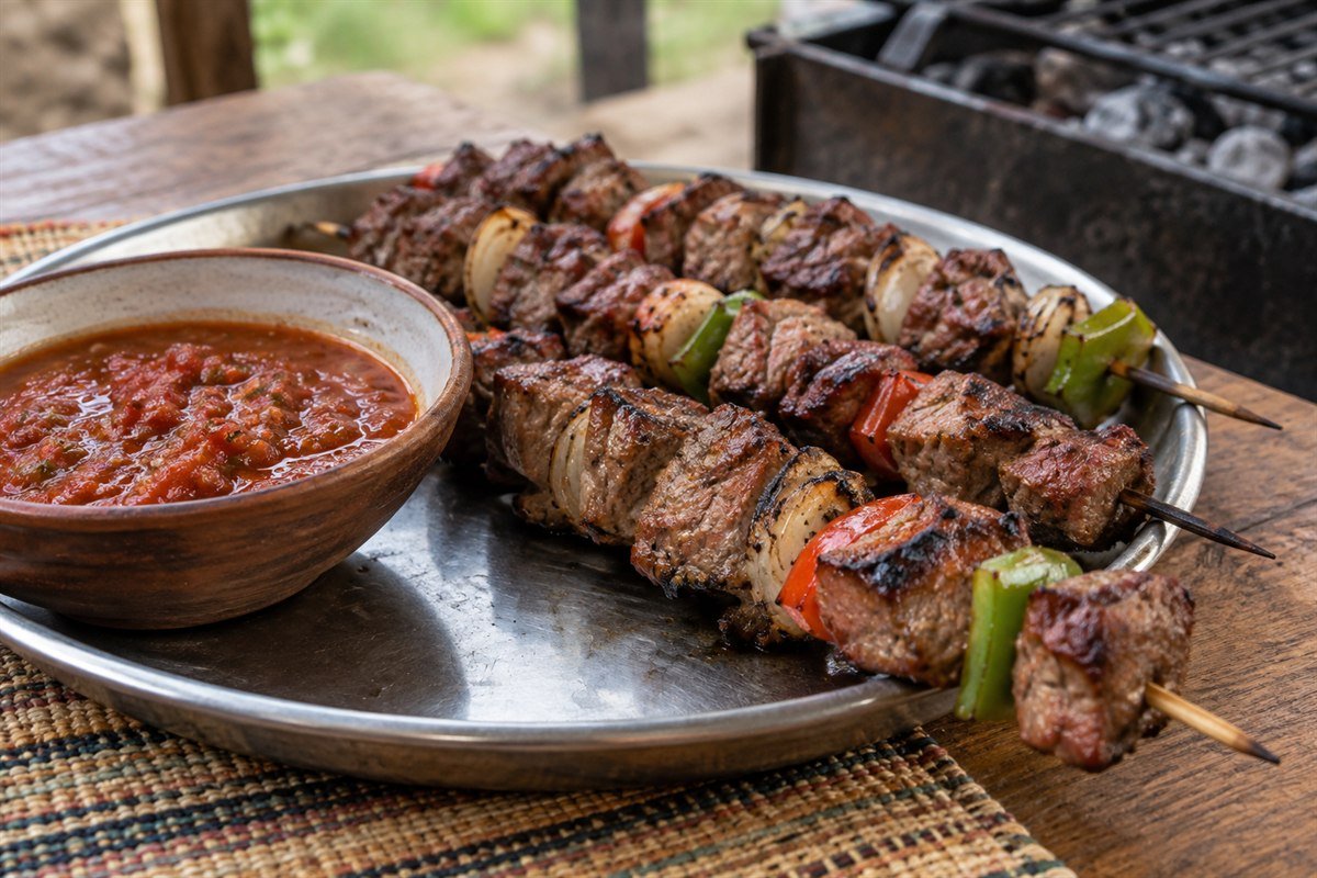Grilled Rwandan beef brochettes with a bowl of tomato-chili sauce.
