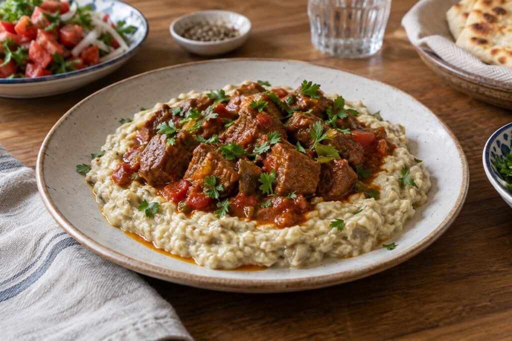 Turkish hünkar beğendi with tender lamb over smoky eggplant puree.