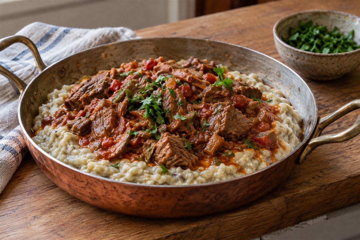 Turkish lamb stew served over eggplant puree in a shallow pan.