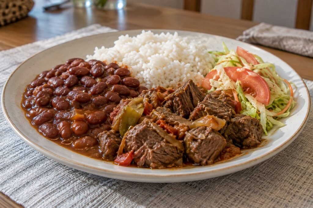 Dominican la bandera with white rice, red beans, braised beef, and salad.