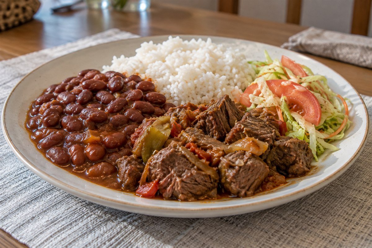Dominican la bandera with white rice, red beans, braised beef, and salad.
