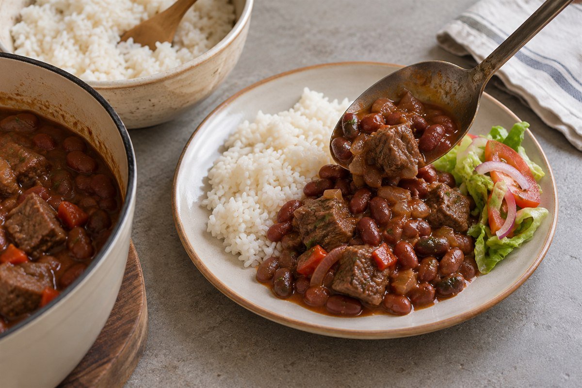 Red beans and beef being served beside white rice and salad for Dominican la bandera.
