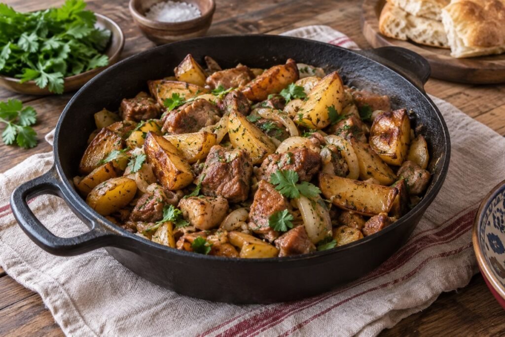 Georgian ojakhuri with browned pork, potatoes, onions, and herbs in a cast-iron skillet.